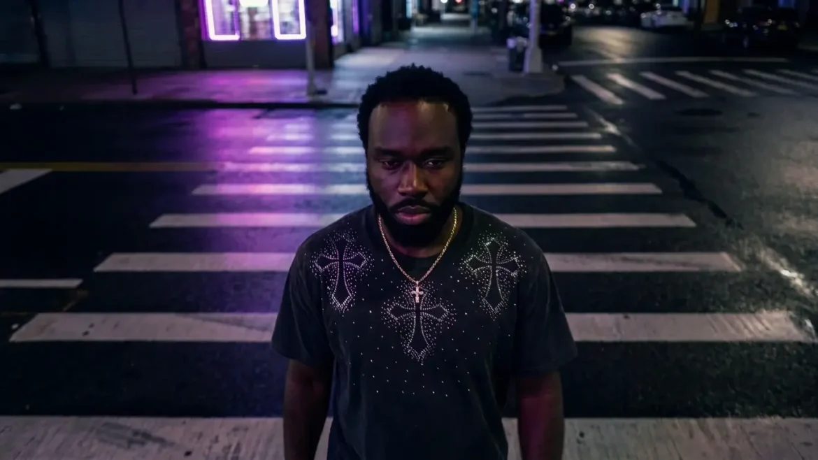 Terry Ennison stands in an empty city crosswalk at night, head bowed, purple neon light glowing behind him, promoting his single "Day Seven"