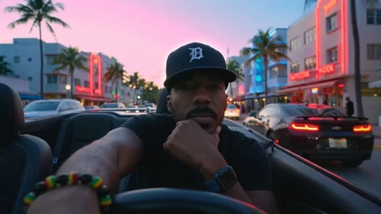 Honest Resistance seated in a black convertible on a neon-lit Miami street at dusk, wearing a Detroit cap, promoting the track "Women"