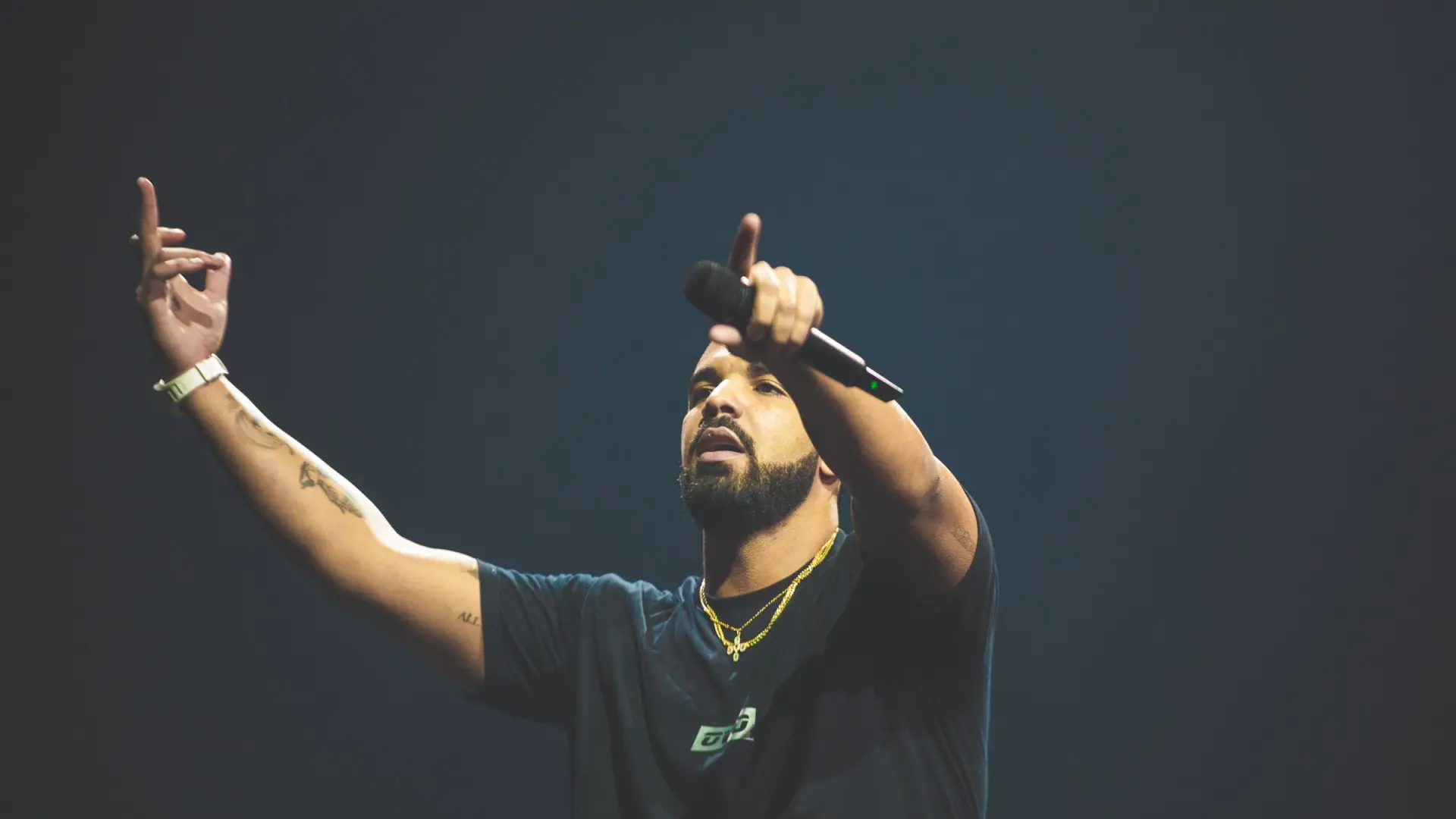 Drake on stage pointing at the crowd with a microphone, as the Janice STFU lawsuit is dropped