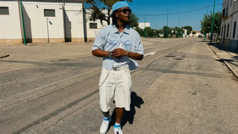 Firsteam standing on an empty sunlit street in a light blue cap, black sunglasses, striped light blue short-sleeve shirt, white shorts and white sneakers, looking to the right, for his track Strategic Influence