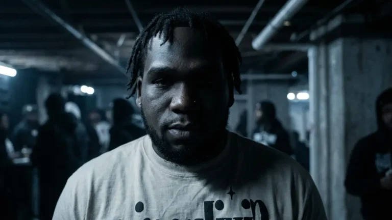Close-up of GMG_Grizz, a bearded man with short twists and a nose stud, looking straight at the camera in a dim concrete basement, wearing a cream t-shirt with black print. SPIN or BIN submission "Shit Talk"
