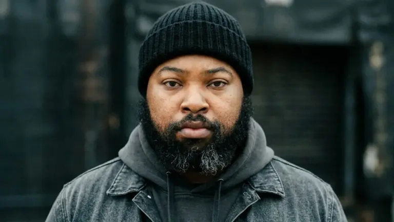 M Geez, a bearded man in a black knit beanie, gray hoodie and gray denim jacket, looking straight into the camera against a dark blurred background, artist of "I Tried It Worked"