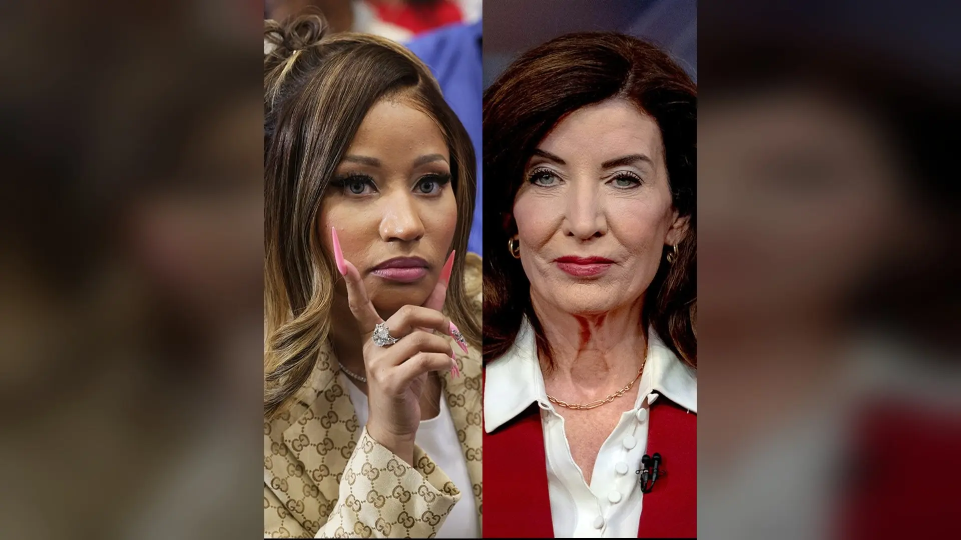 Nicki Minaj on the left and New York Gov. Kathy Hochul on the right in a side by side photo about the Nicki Minaj and Kathy Hochul feud