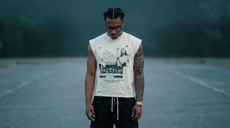 Storm standing alone in an empty parking lot at blue hour, head bowed, wearing black-framed glasses, a cream sleeveless distressed tee with a black and white graphic print, black cargo bottoms and a gold watch, tattoo sleeve on his right arm, fog-covered treeline behind him, "Commiting Crimes"